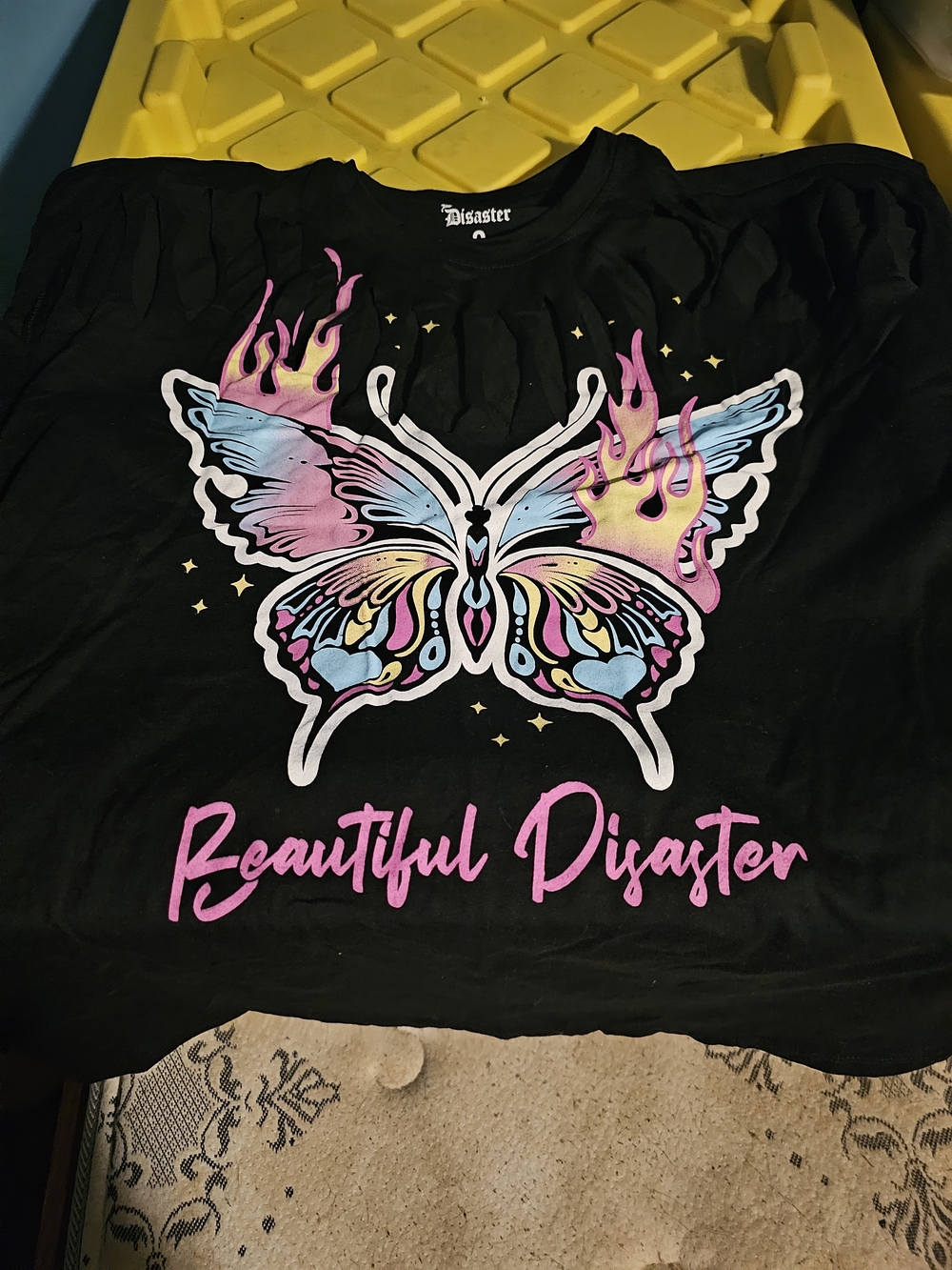 Beautiful Disaster Women's Black Long Sleeve Butterfly Graphic Tee